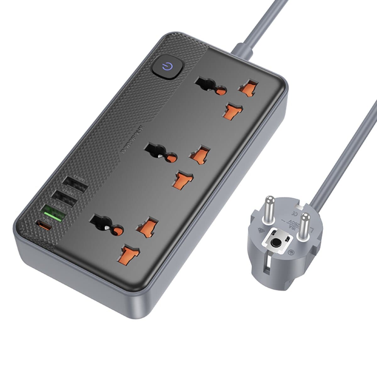Сетевой удлинитель BOROFONE BAC3A Roy 3 розетки PD20W 1xType-C 3xUSB EU 1.5m Black