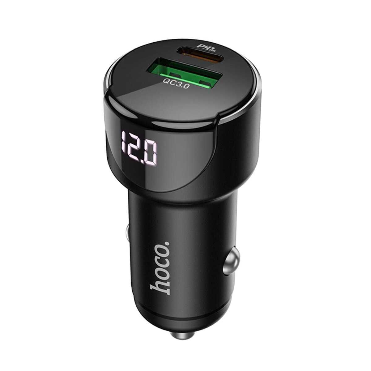 Автомобильное зарядное устройство HOCO Z42 Light road dual port digital display PD20W+QC3.0 car charger 3A Black