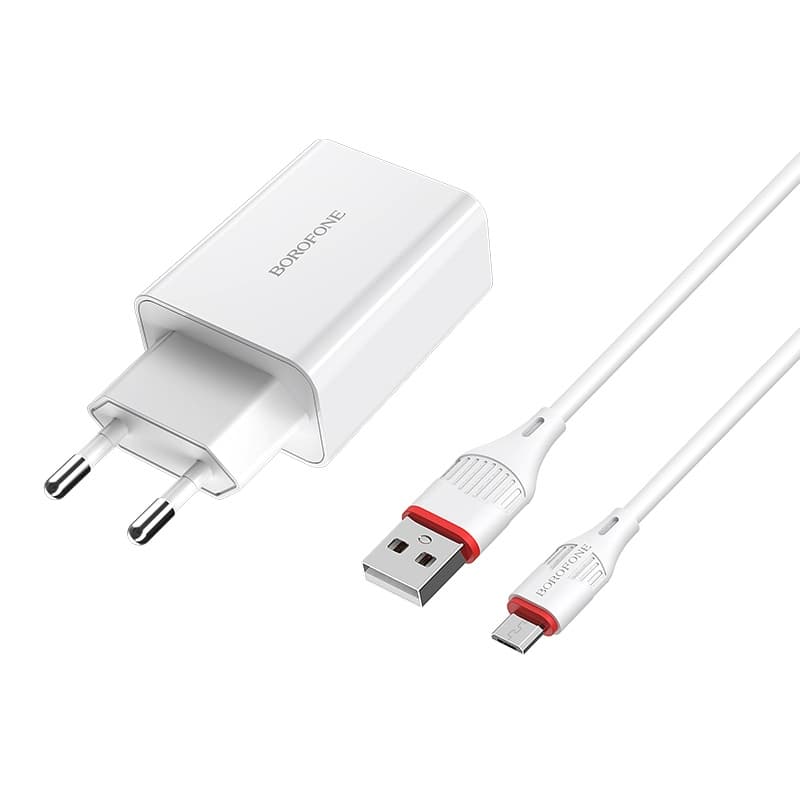 Зарядний пристрій з кабелем BOROFONE BA21A Long journey single port QC3.0 charger set USB to MicroUSB 18W White