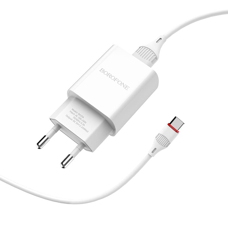Зарядное устройство с кабелем BOROFONE BA20A Sharp single port charger set 2.1A USB to Type-C 10.5W White