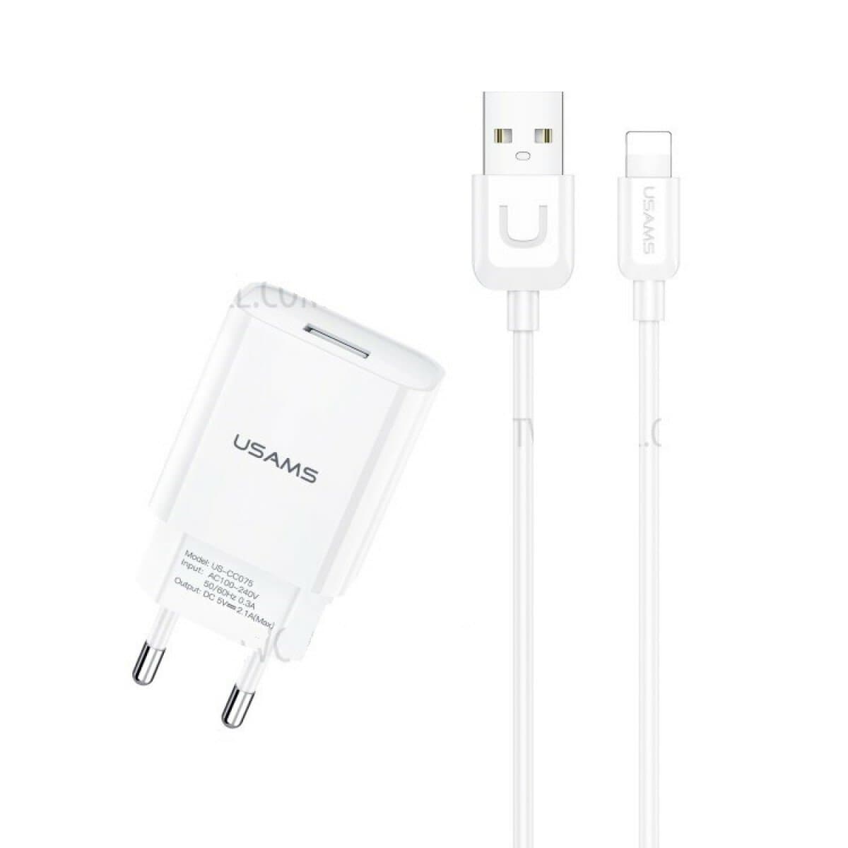 Зарядний пристрій Usams T21 Charger kit T18 single USB EU charger 2.1А + Uturn Lightning cable White (T21OCLN01)