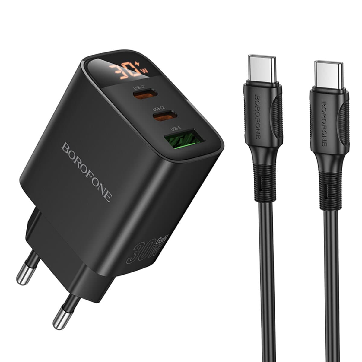 Зарядное устройство BOROFONE BA98A Ilustre PD30W 2xType-C 1xUSB charger with digital display set Type-C to Type-C Black