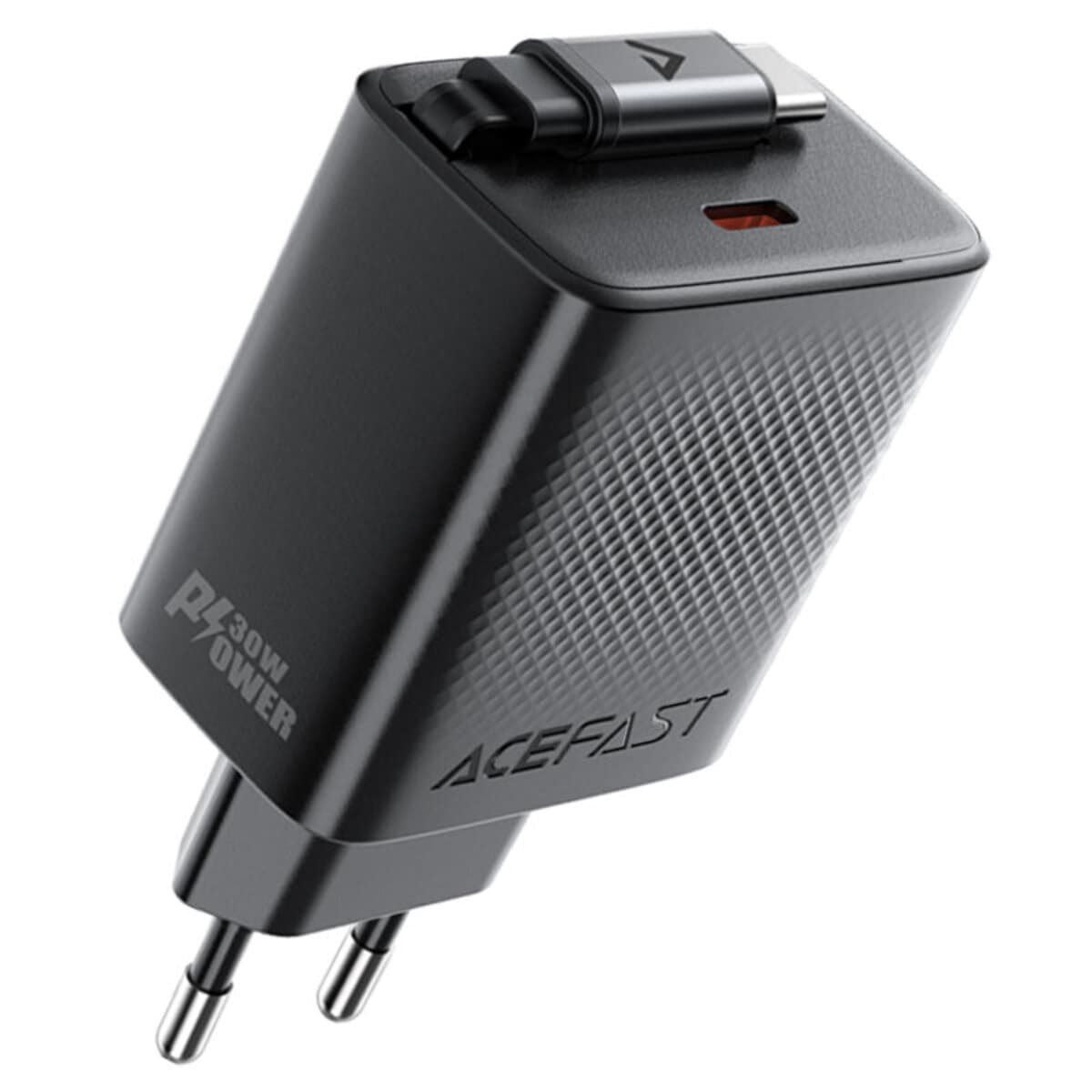 Зарядний пристрій ACEFAST A110 PD30W GaN charger 2xType-C with retractable cable EU Black