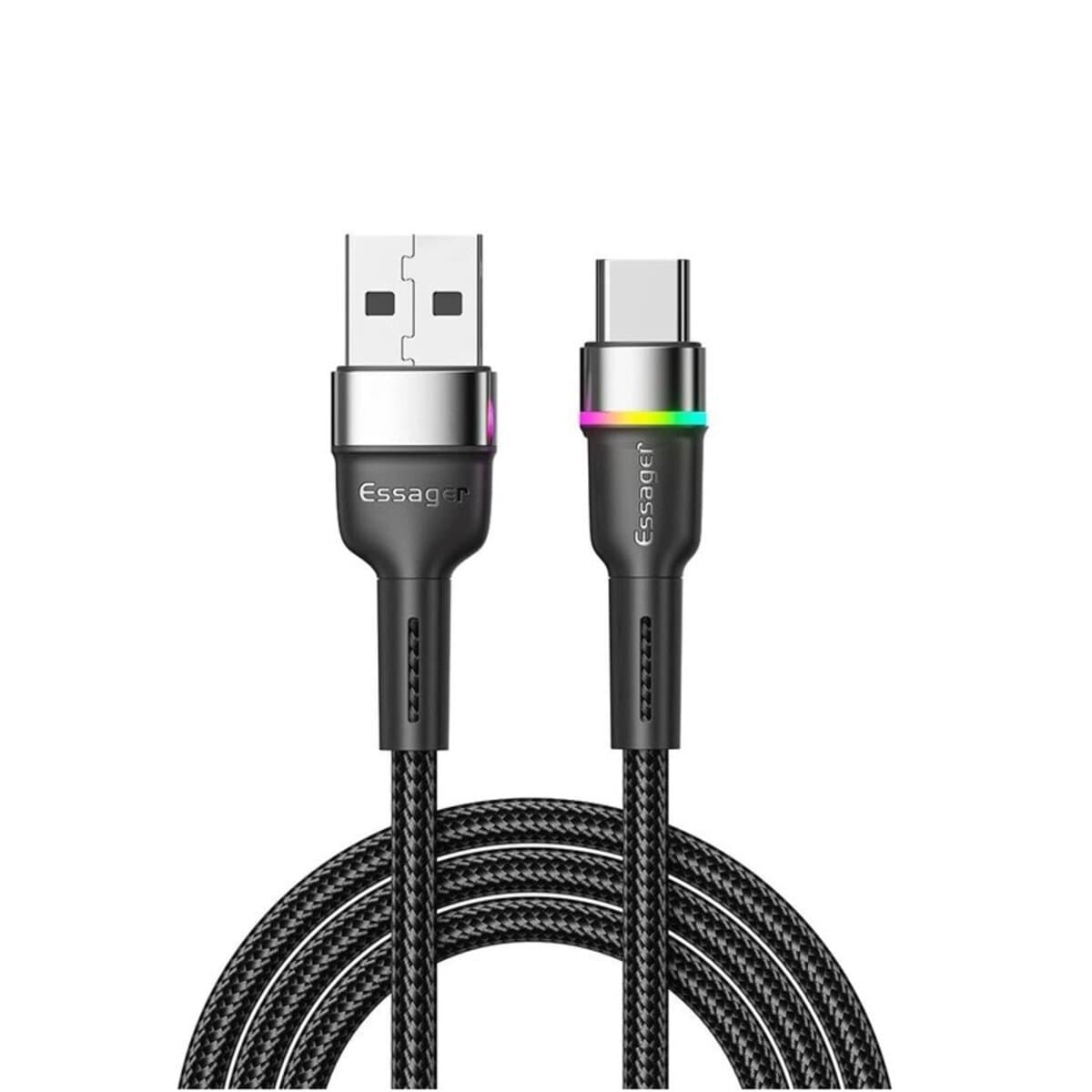 Кабель Essager Colorful LED USB to Type-C Cable Fast Charging 3A 2m Black (EXCT-XCDA01)