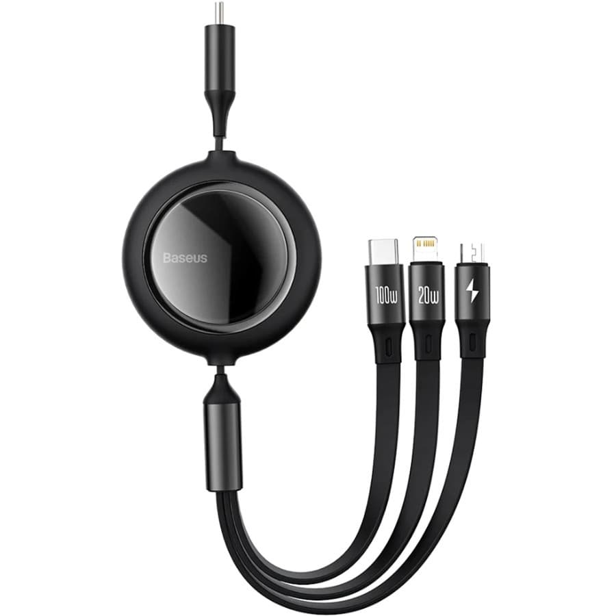 Кабель Baseus CAMJ010201 USB-C Bright Mirror Retractable 3в1 Micro USB Lightning Type-C 100W 1.1м Black