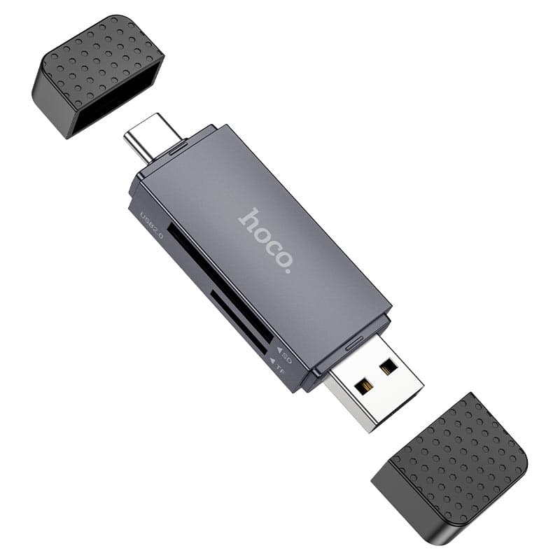 Картридер HOCO HB45 Spirit 2-in-1 USB/Type-C 2.0 card reader MicroSD SD Metal Grey