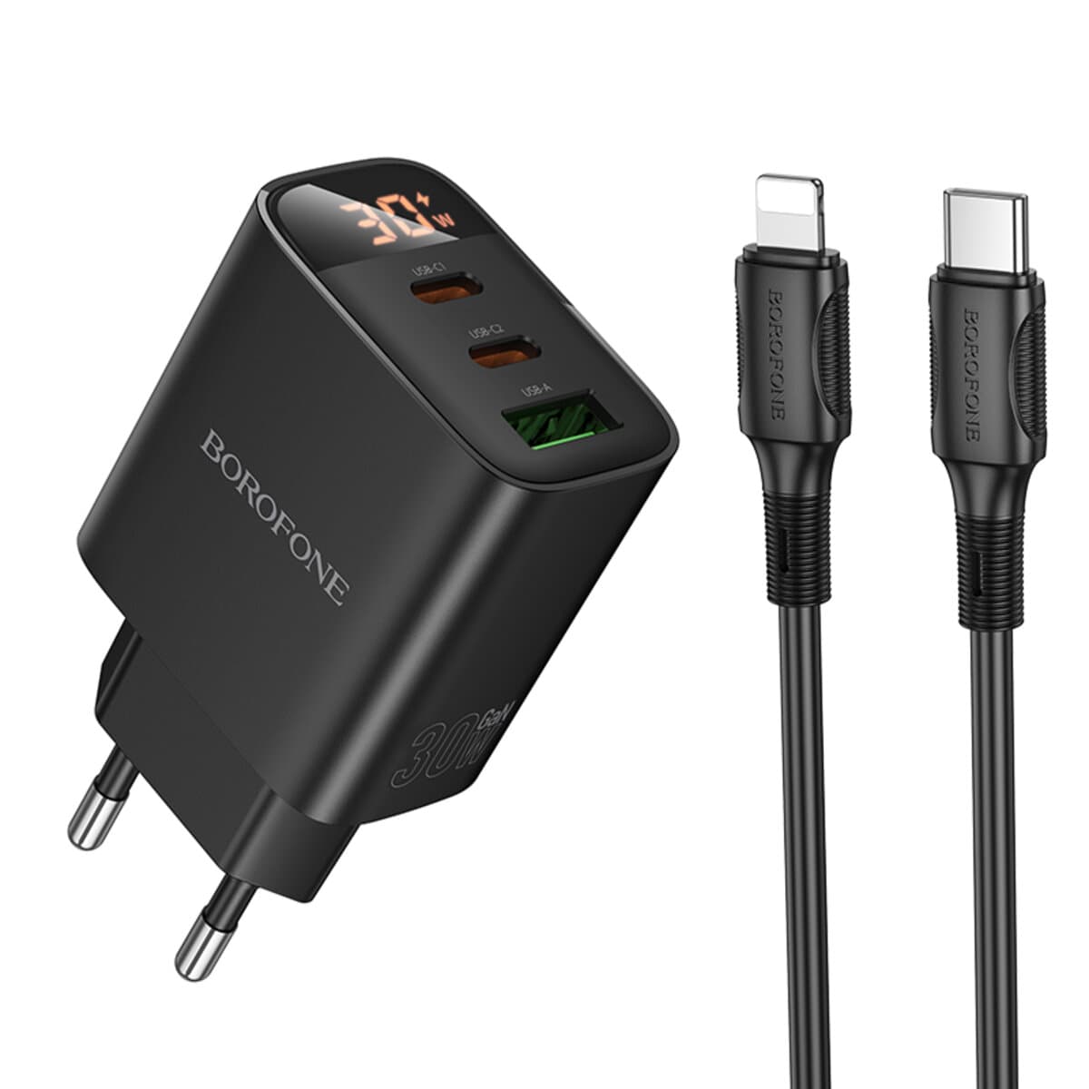 Зарядний пристрій BOROFONE BA98A Ilustre PD30W 2xType-C 1xUSB Charger with digital display set Type-C to Lightning cable EU Black