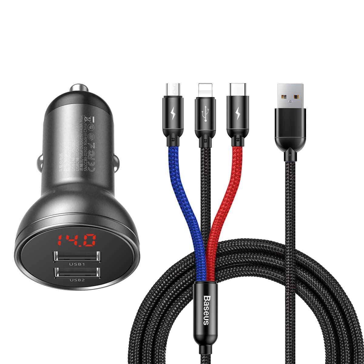 Автомобильное зарядное устройство Baseus Digital Display Dual USB 4.8A Car Charger 24W+Three Primary Colors 3-in-1 Cable1.2M Black (TZCCBX-0G)