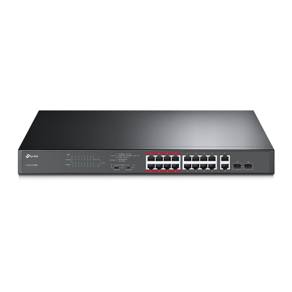 Комутатор TP-Link TL-SL1218MP 16x1FE/PoE+ 192W 2xGE 2xcomboGE/SFP 19" 1U Метал Black