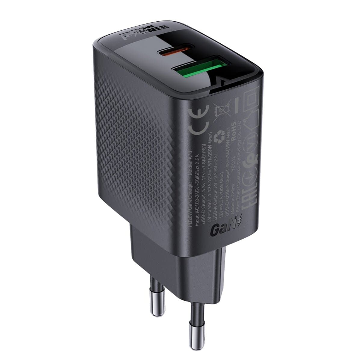 Зарядний пристрій ACEFAST A78 PD20W GaN USB+Type-C Charger Black