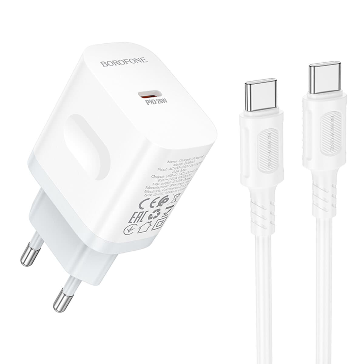 Зарядное устройство с кабелем BOROFONE BA99A Breeze single port PD20W charger set Type-C to Type-C White