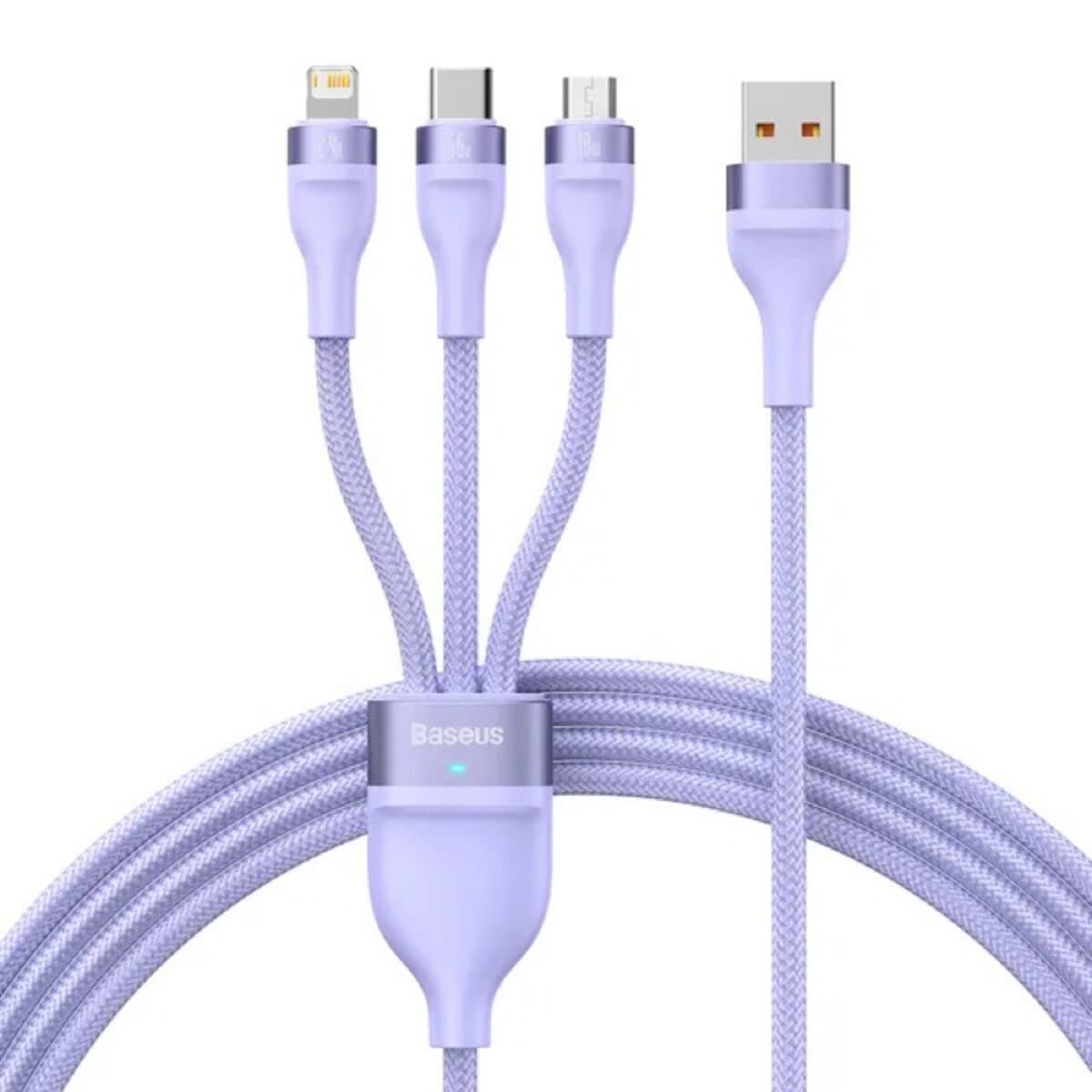Кабель Baseus Flash Series Ⅱ One-for-three Fast Charging Data Cable USB to Micro+Lightning+Type-C 66W 1.2m Purple (CASS040005)