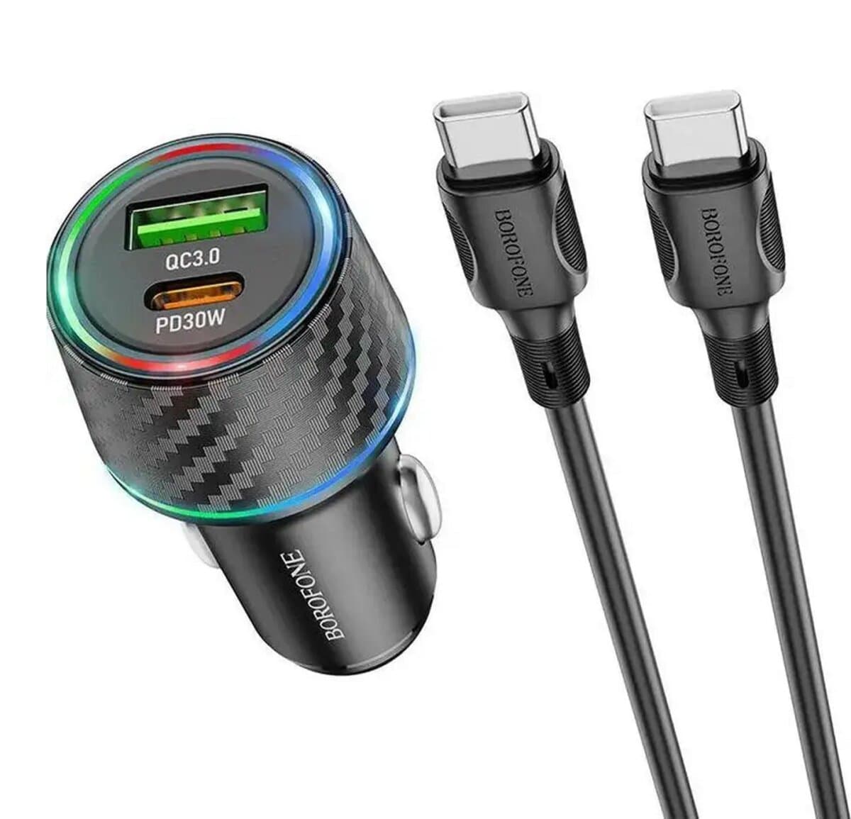 Автомобільний зарядний пристрій BOROFONE BZ21 Brilliant 48W dual port PD30W+QC3.0 Type-C to Type-C cable Black