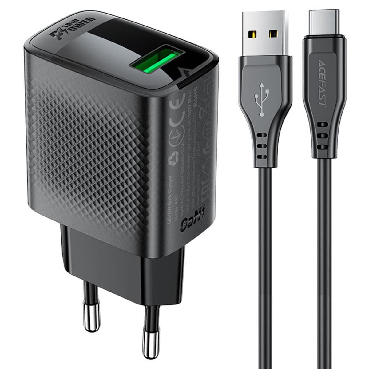 Зарядний пристрій ACEFAST A90 QC18W GaN single USB charger set P3 USB to Type-C cable EU Black