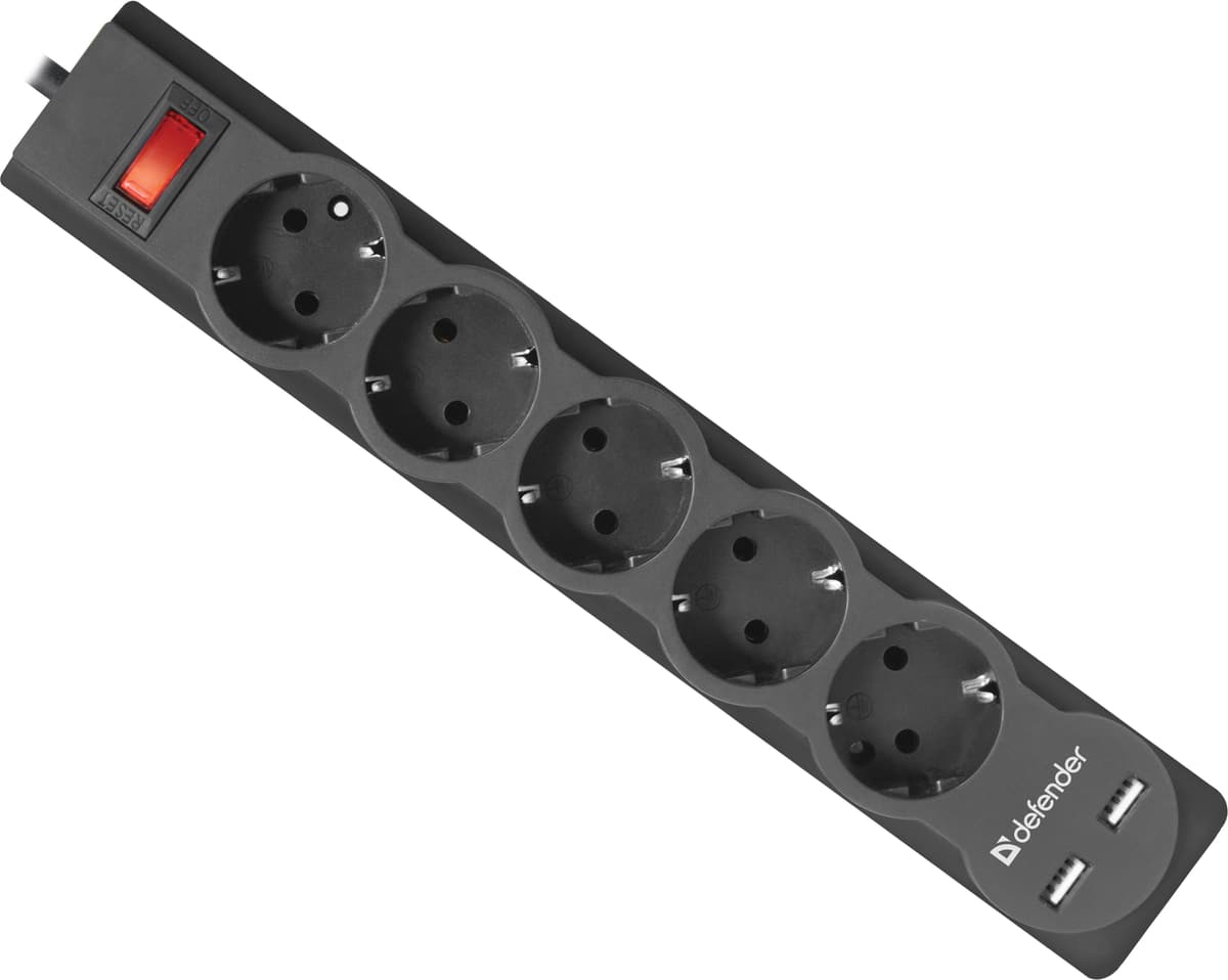 Мережевий фільтр подовжувач Power filtr Defender DFS 755 5.0 м 5 розеток 2xUSB 2.1A Black (99755)