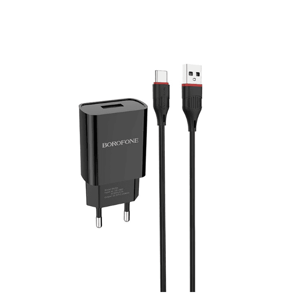 Зарядний пристрій BOROFONE BA20A Sharp single port charger set USB to Type-C cable Black