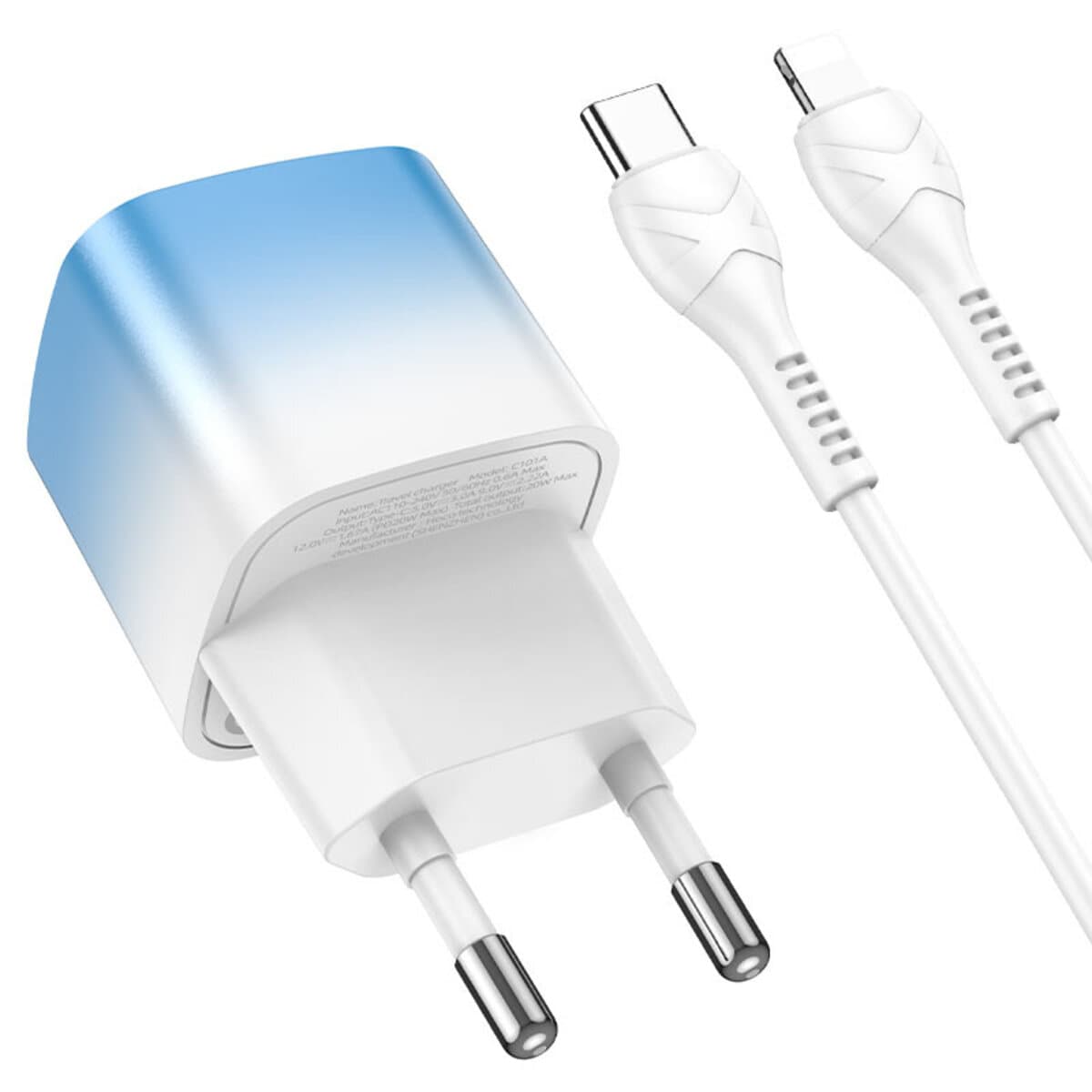 Сетевое зарядное устройство HOCO C101A single port PD20W Charger Set (Type-C to Lightning) 3A/18W 1м Ice Blue