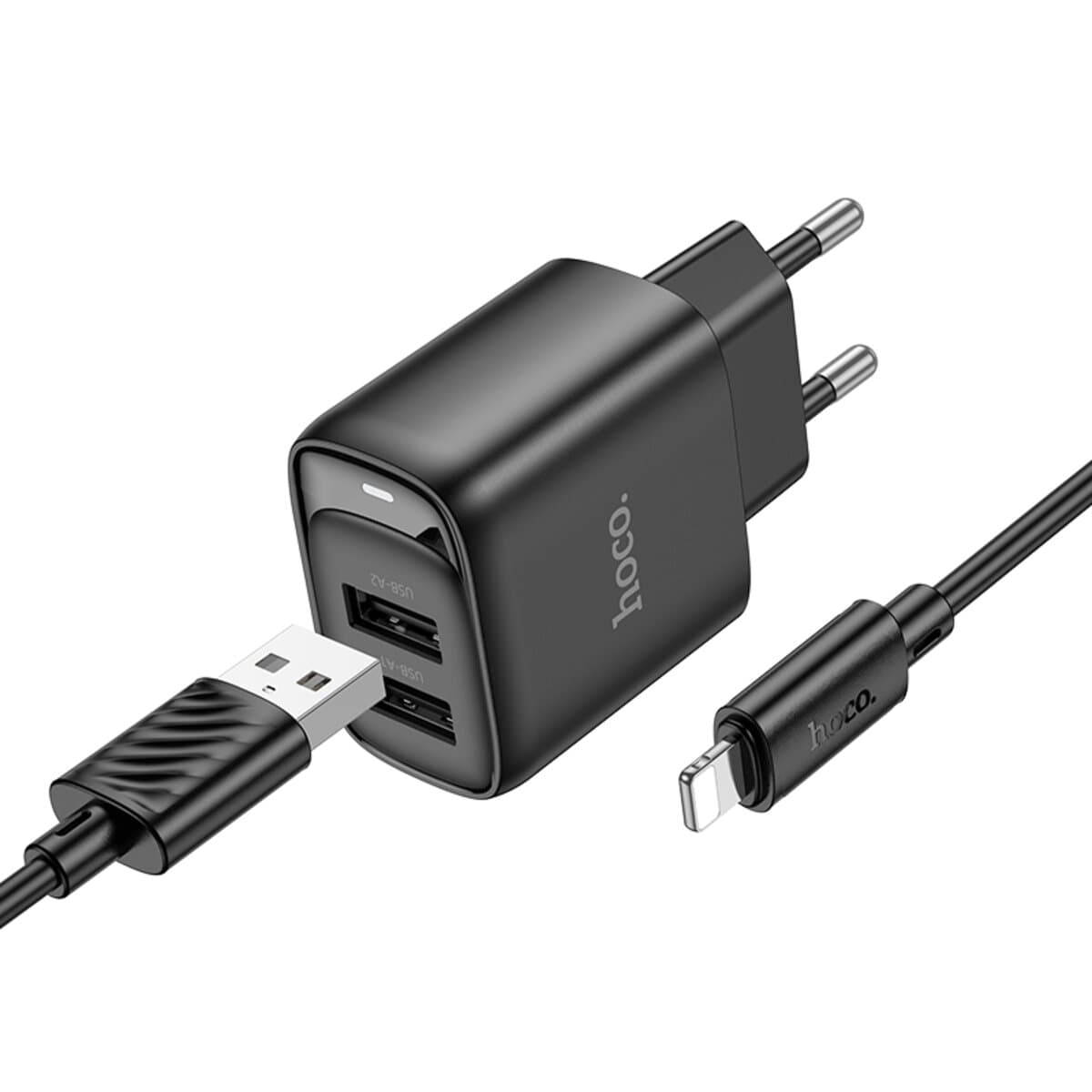 Зарядное устройство с кабелем HOCO C141A Smart dual-port charger set USB to Lightning 2.1A Black