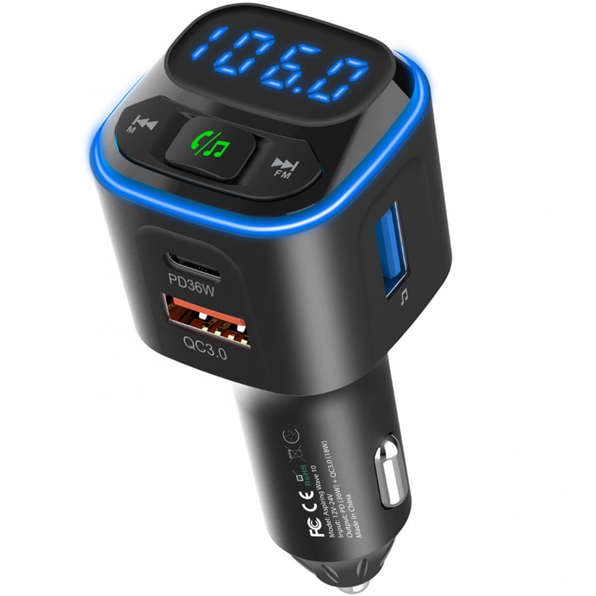 Автомобільний FM-трансмітер ресивер Aspiring Wave 10 PD 54W LED Bluetooth QC3.0 USB-C 36W Black (WA.7001)