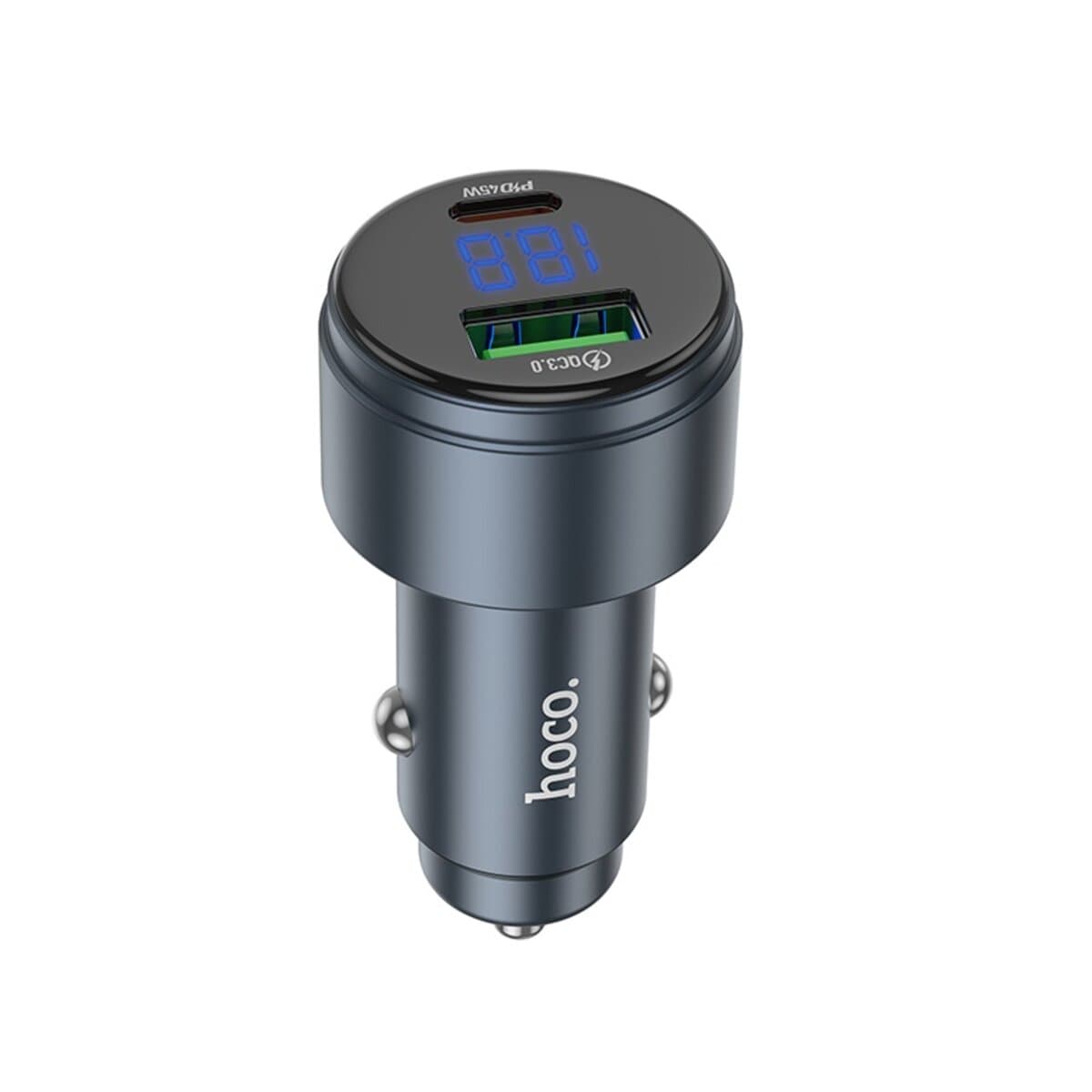 Автомобільний зарядний пристрій HOCO Z57B Glorious 63W dual-port digital display PD45W+QC3.0 car charger Metal Grey