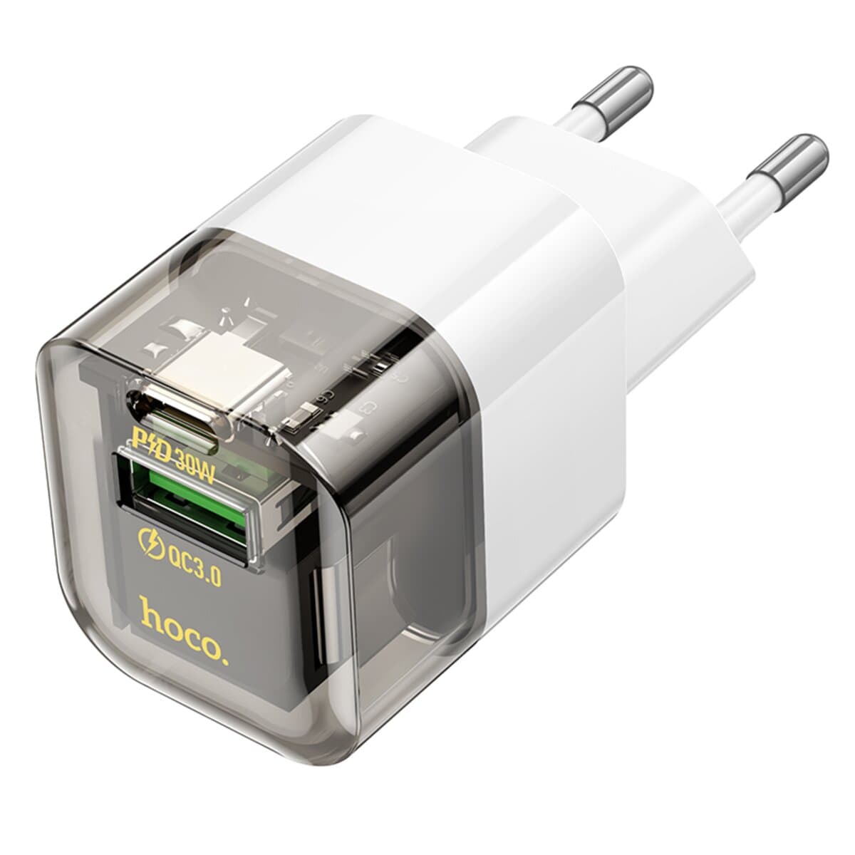 Зарядний пристрій HOCO C131A Platinum dual-port PD30W+QC3.0 charger EU 1xUSB 1xType-C Transparent Black