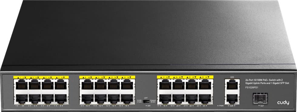 Комутатор Cudy FS1026PS1 24 портовий 10/100M PoE+ Switch with 2 Gigabit Port+ 1SFP 300W Black (FS1026PS1_EU)