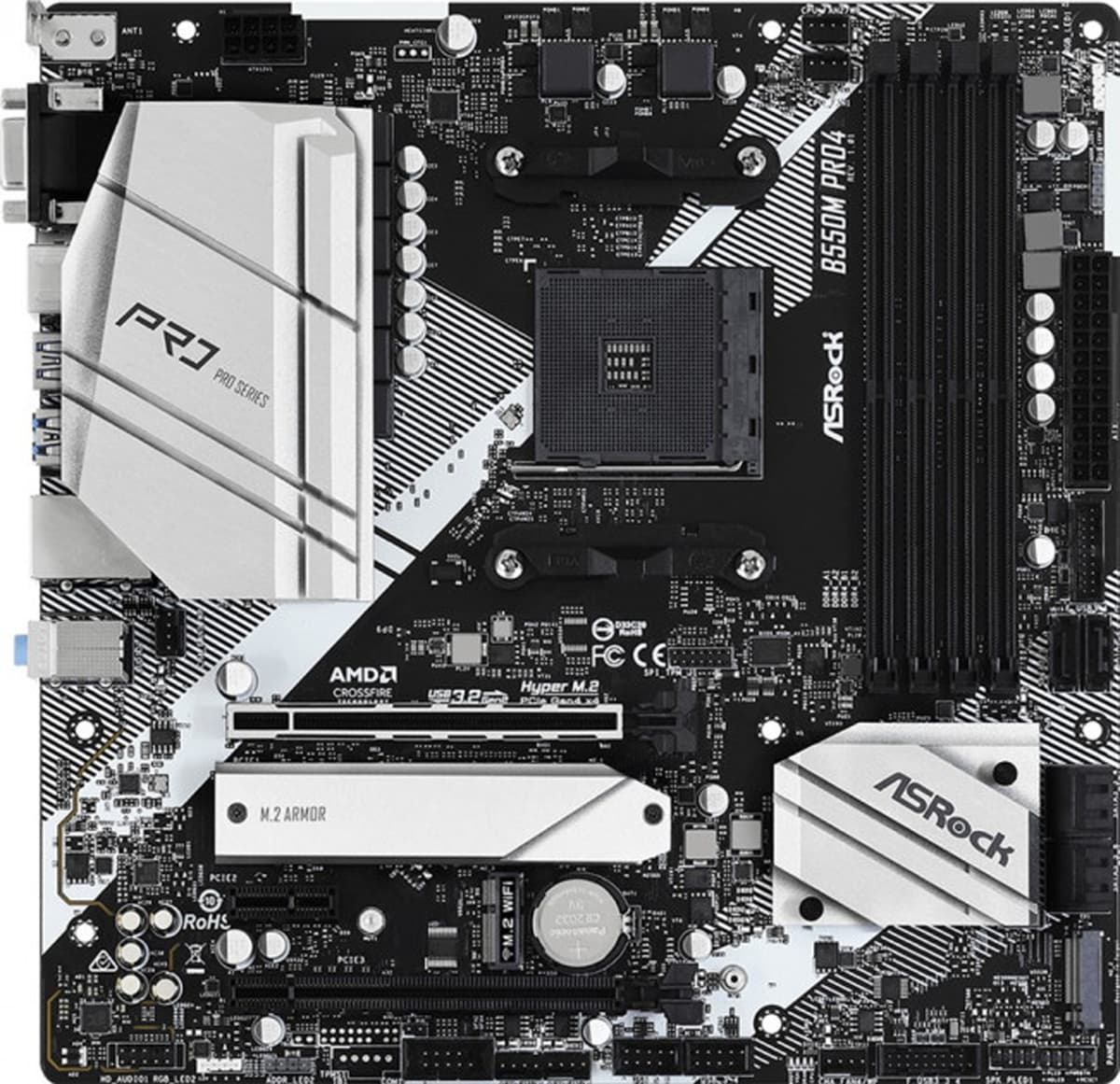ASRock B550M Pro4 (AM4/B550, 4*DDR4, 2xPCIex16, DP/HDMI/VGA, 6xSATAІІІ, 3xM.2, GLan, 7.1ch, mATX)