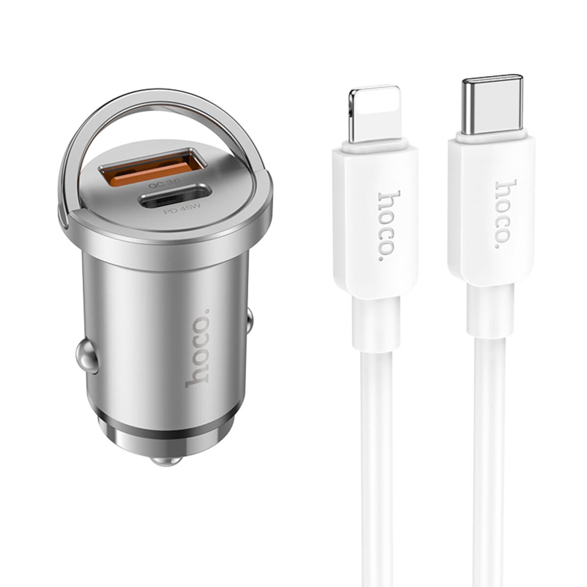 Автомобильное зарядное устройство HOCO NZ10 Handy PD45W+QC3.0 car charger set Type-C to Lightning cable Silver