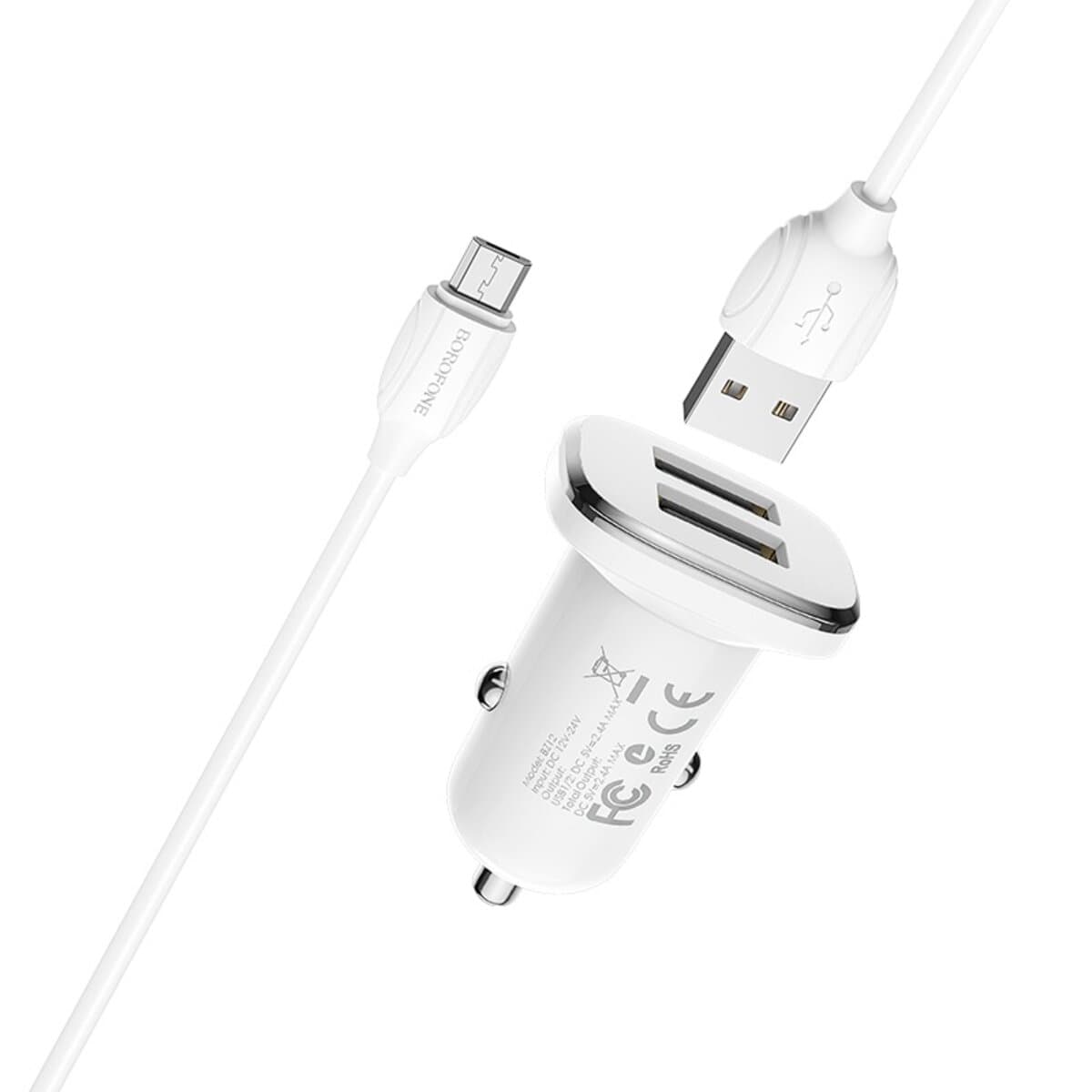 Автомобільний зарядний пристрій BOROFONE BZ12 double port in-car charger set with USB to Micro-USB cable White (BZ12M)