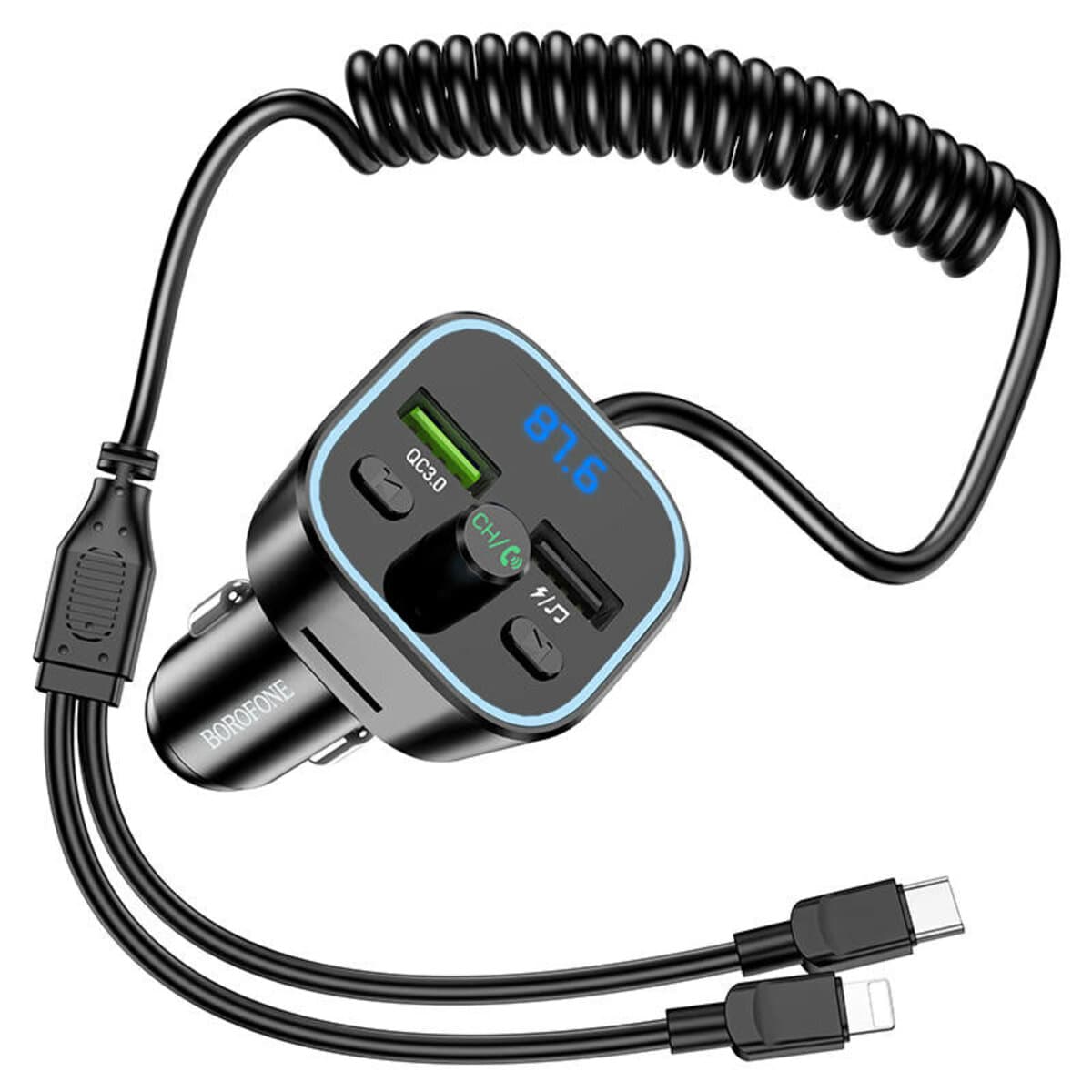 Автомобильный FM-трансмиттер ресивер BOROFONE BC45 Prestige QC3.0 2-in-1 car BT5.0 FM transmitter with cable 18W Black (BC45B)
