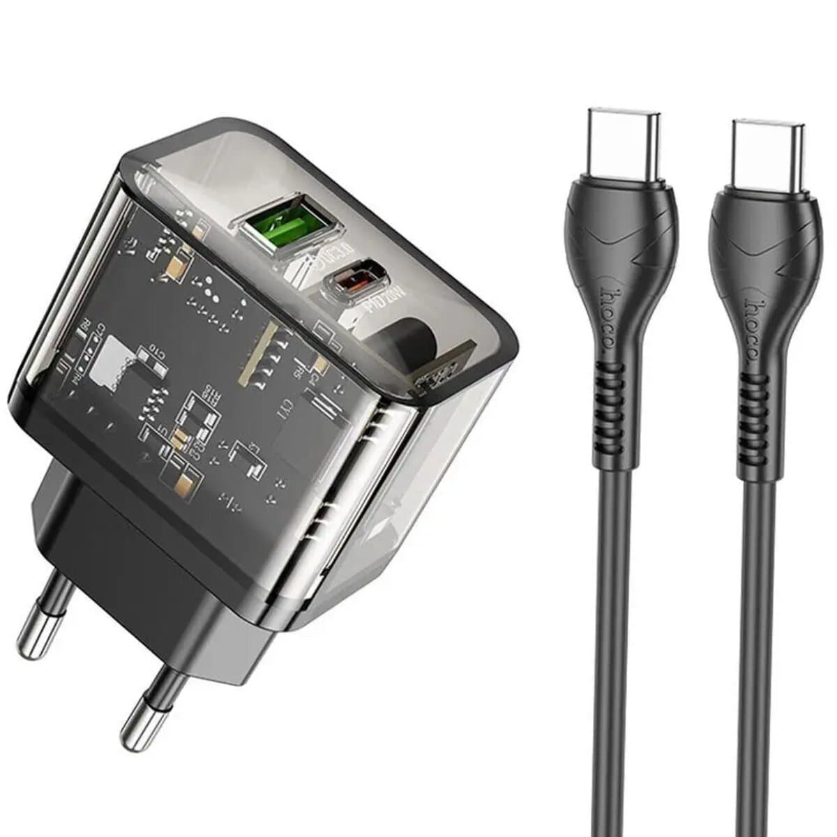 Зарядний пристрій HOCO N34 Dazzling dual-port PD20W+QC3.0 charger set Type-C to Type-C cable Transparent Black