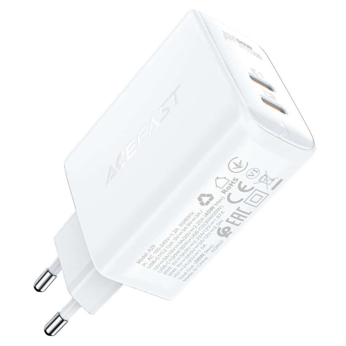 Зарядний пристрій ACEFAST A29 PD50W GaN USB-C+USB-C dual port charger QC3.0 White (AFA29W)