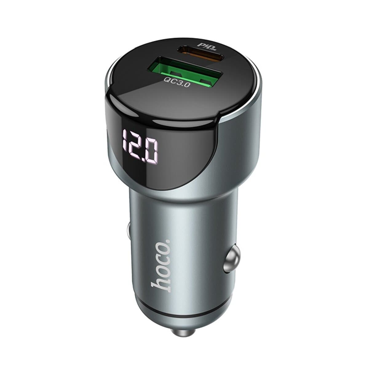 Автомобильное зарядное устройство HOCO Z42 Light road dual port digital display PD20W+QC3.0 car charger Metal Grey
