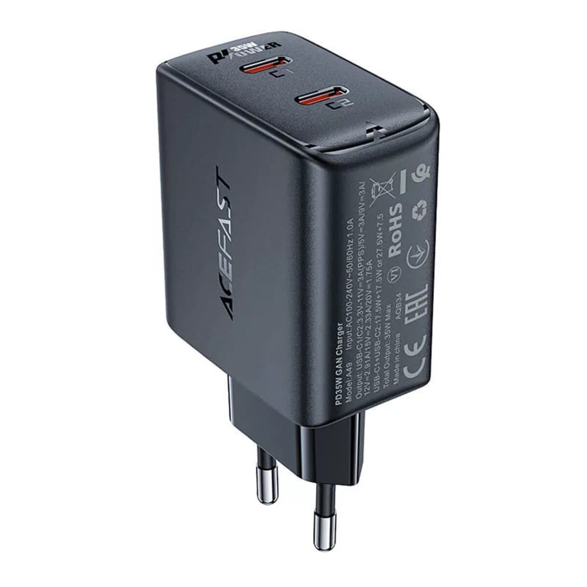 Зарядний пристрій ACEFAST A49 PD 35W GaN USB-C+USB-C dual port charger QC Black (AFA49B)