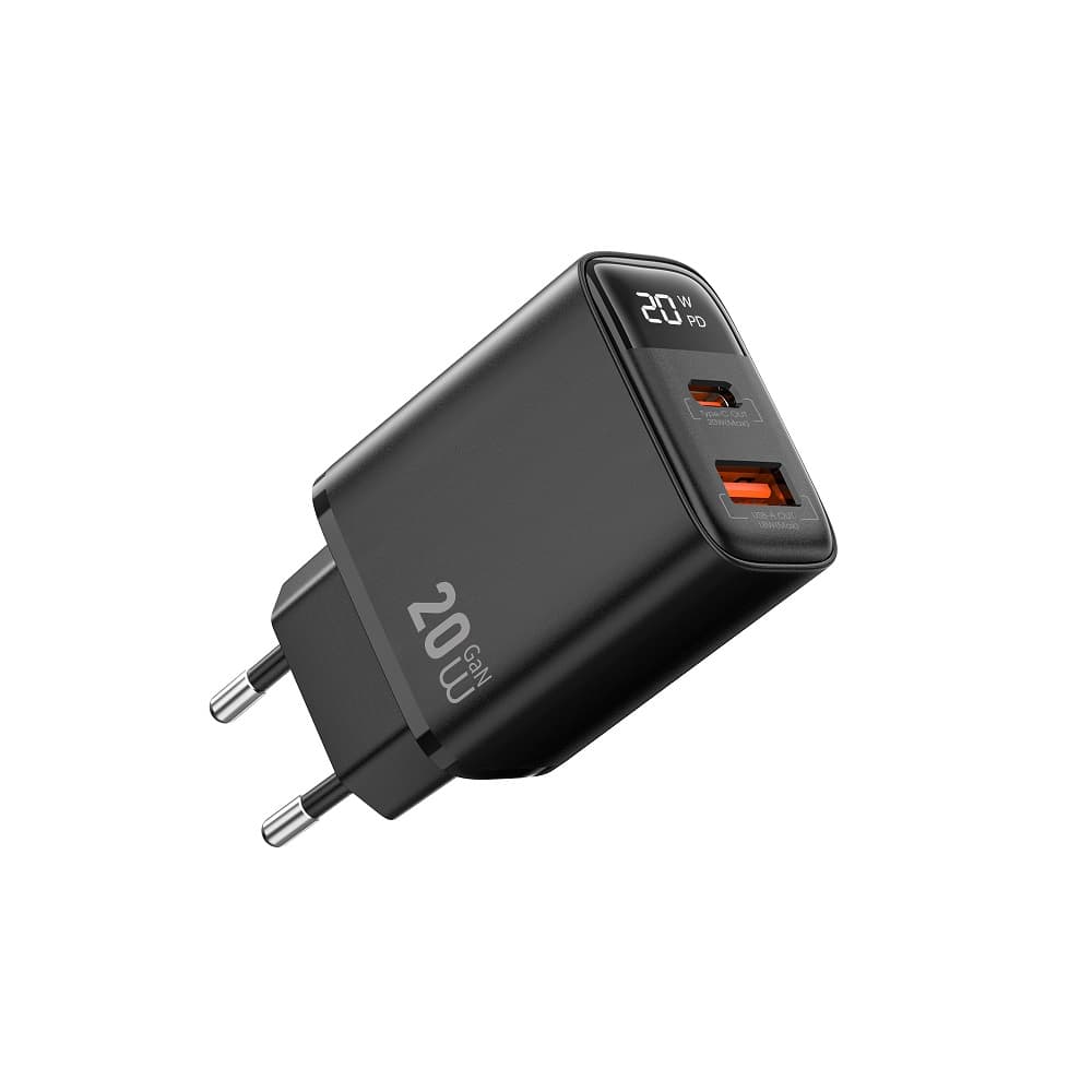 Зарядное устройство WIWU 20W Firefly GaN Fast Charger 1xUSB 1xType-C with digital display Wi-G009 EU Black