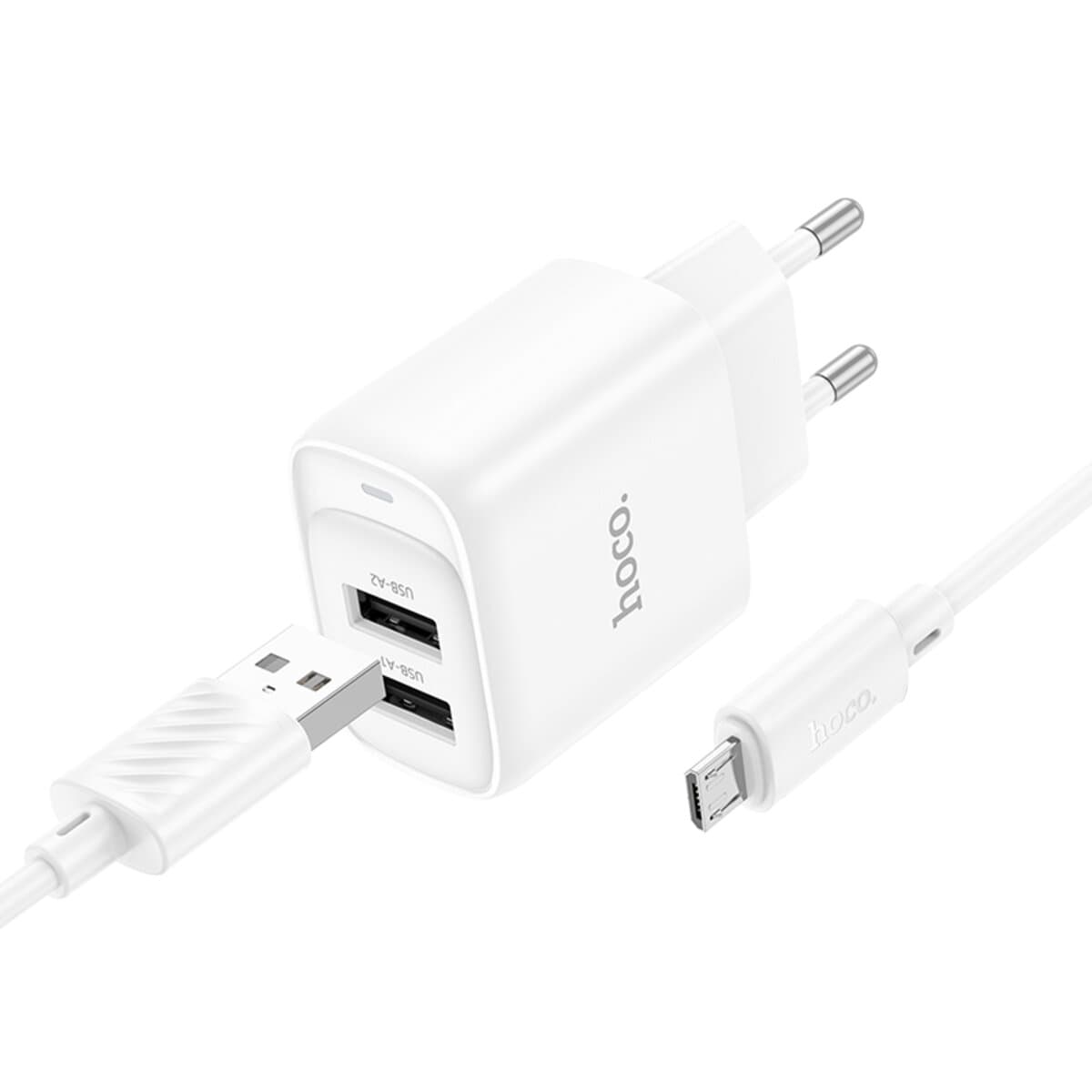 Зарядное устройство с кабелем HOCO C141A Smart dual-port charger set USB to MicroUSB 2.1A White
