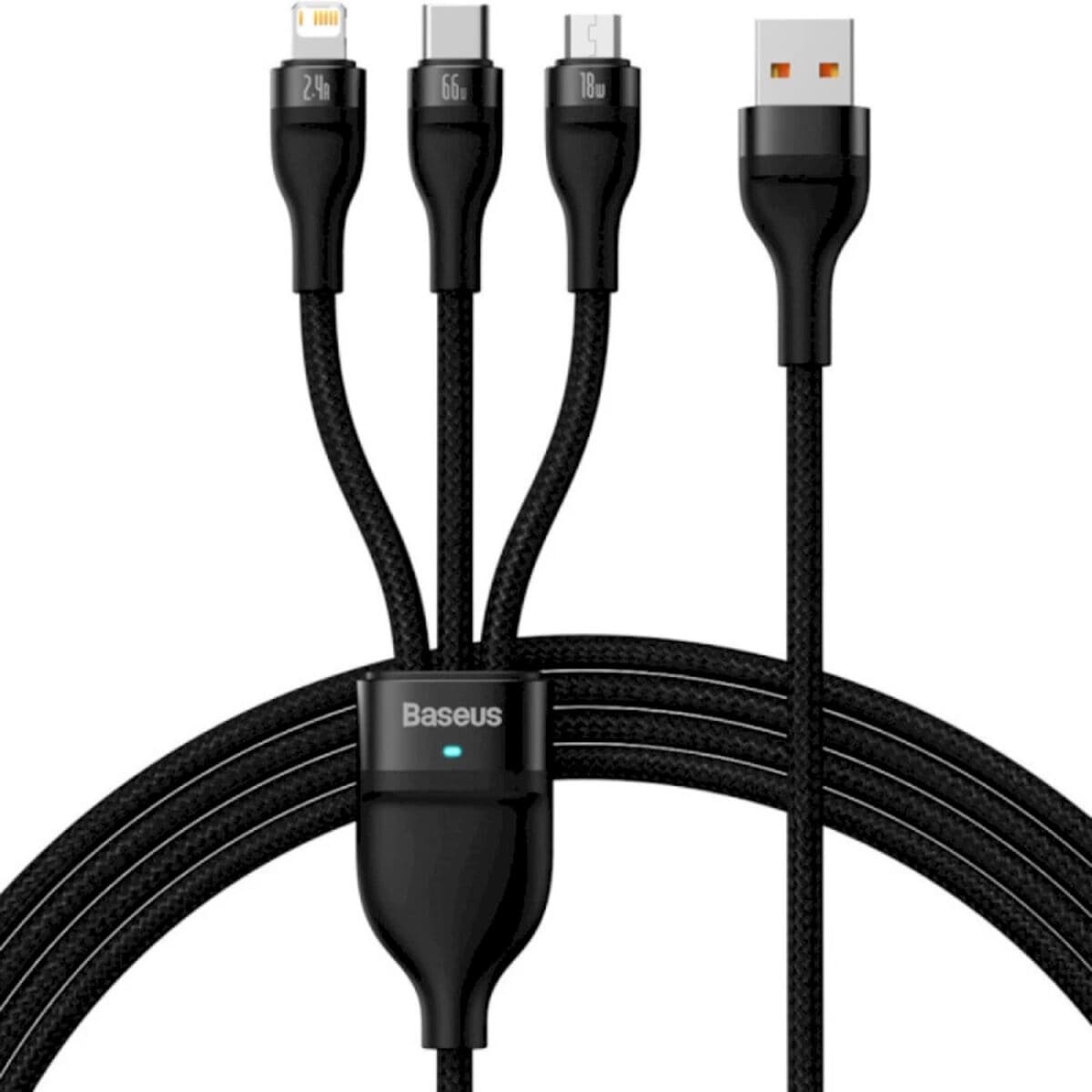 Кабель Baseus Flash Series Ⅱ One-for-three Fast Charging Data Cable USB to Micro-USB+Lightning+Type-C 66W 1.2m Black (CASS040001)