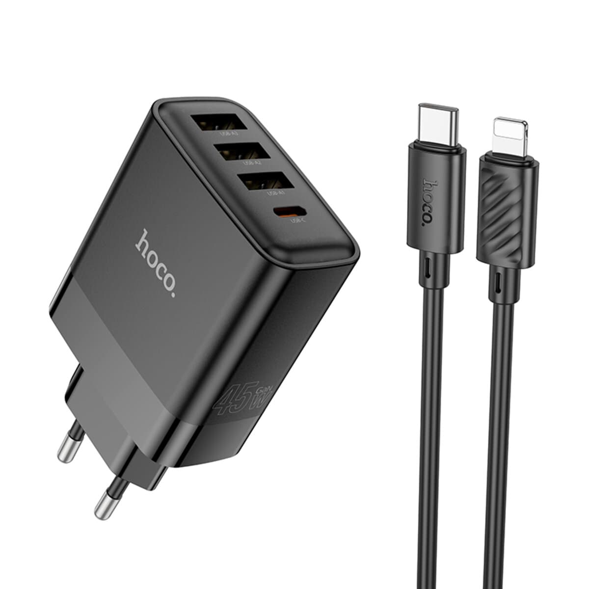 Зарядний пристрій HOCO C127A Intelligent four-port PD45W 1C3A charger set Type-C to Lightning cable Black