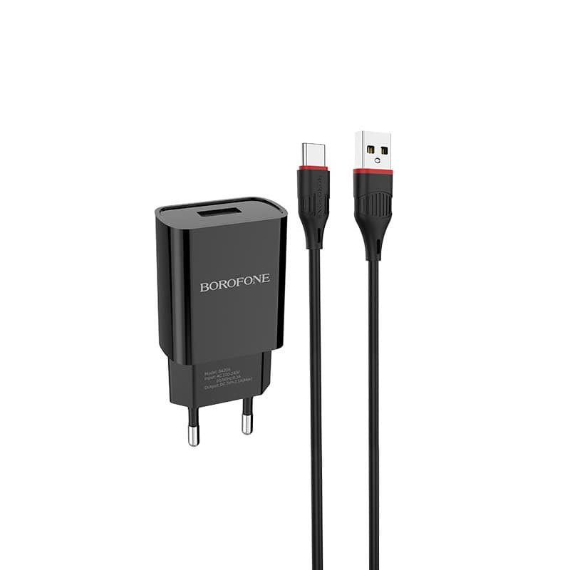 Зарядний пристрій BOROFONE BA20A Sharp single port charger set USB to Type-C cable 10.5W Black