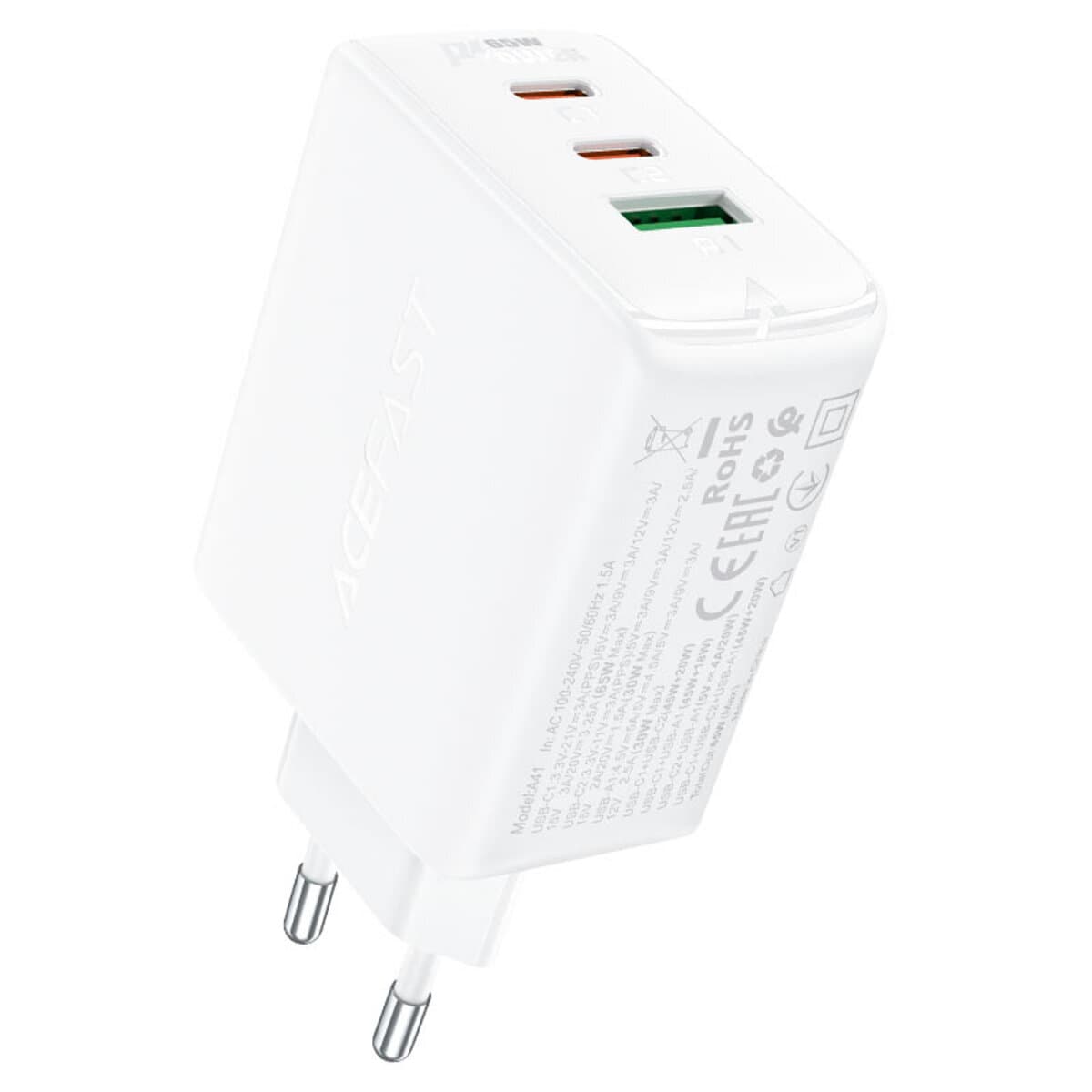 Зарядний пристрій ACEFAST A41 PD 65W GaN 2xType-C+USB charger White (AFA41W)