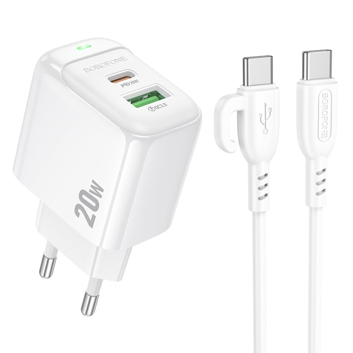 Зарядное устройство с кабелем BOROFONE BAS44A Potential PD20W+QC3.0 charger set 3A Type-C to Type-C cable White