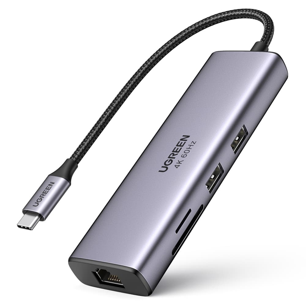 USB-хаб Ugreen CM512 USB3.0 Type-C to HDMI/USB 3.0x2/RJ45/SD/TF/PD 100W Grey (60515)