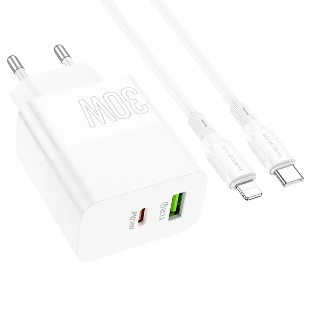 Зарядное устройство BOROFONE BA75A Powerful dual port PD30W+QC3.0 Charger Set Type-C to Lightning cable White (BA75ACLW)