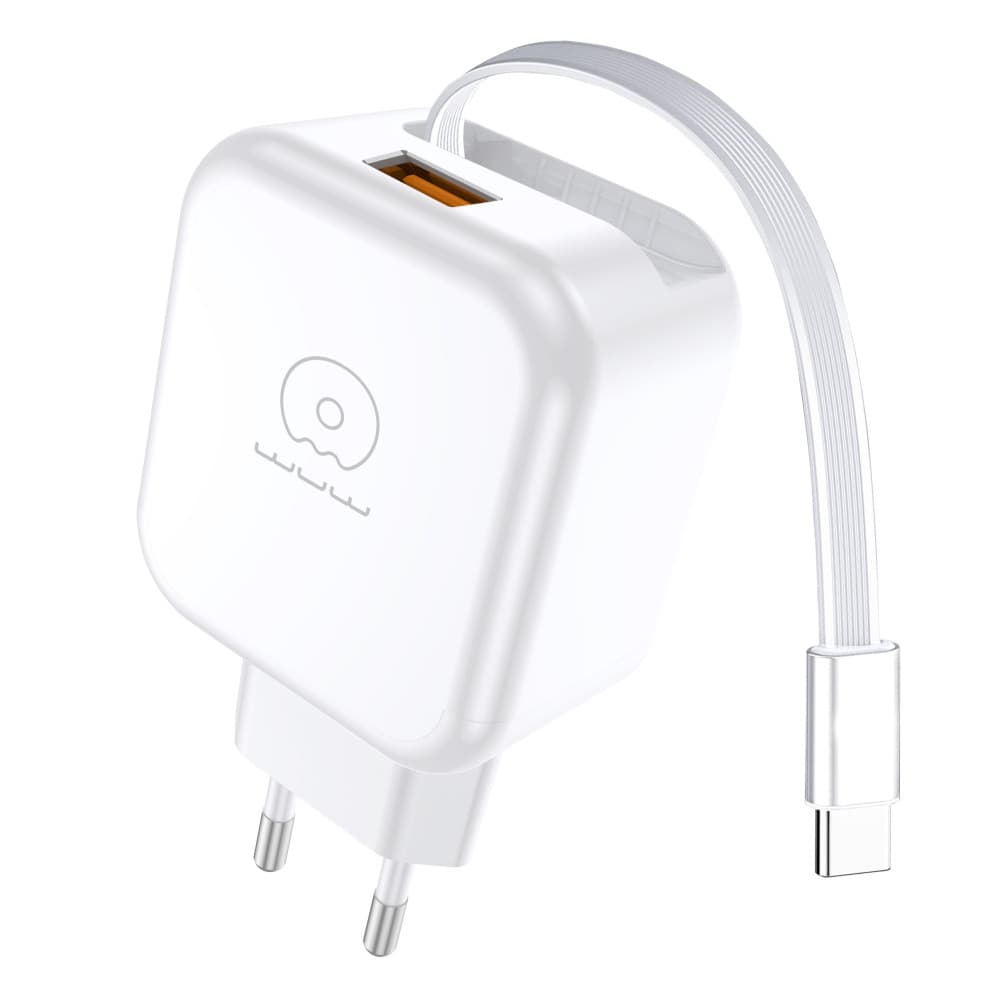 Зарядное устройство с кабелем WUW C268 12W fast charger 1xUSB + retractable 70cm Type-C Cable White