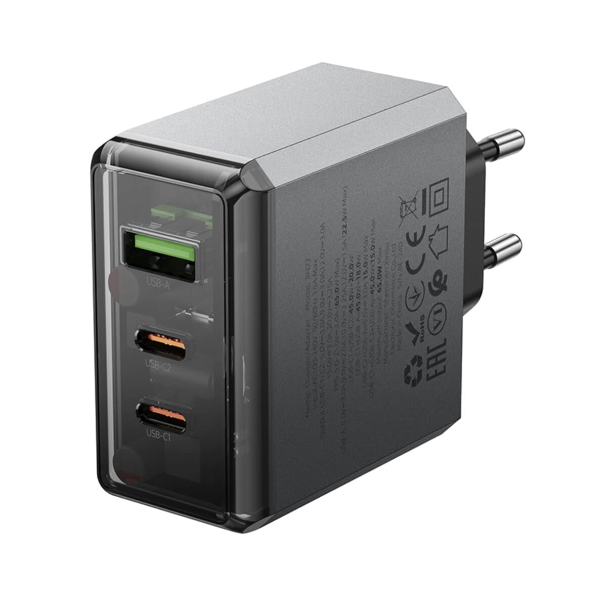 Зарядное устройство BOROFONE BN22 Lena PD65W 2xType-C 1xUSB charger EU Metal Grey