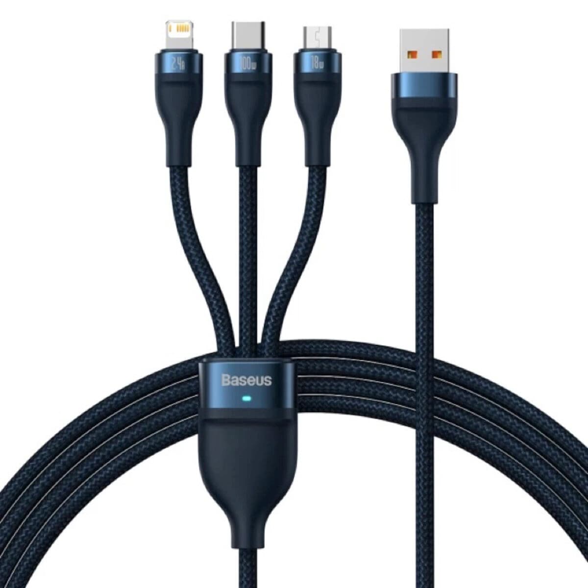 Кабель Baseus Flash Series Ⅱ One-for-three Fast Charging Data Cable USB to Micro-USB+Lightning+Type-C 100W 1.2m Blue (CASS030003)