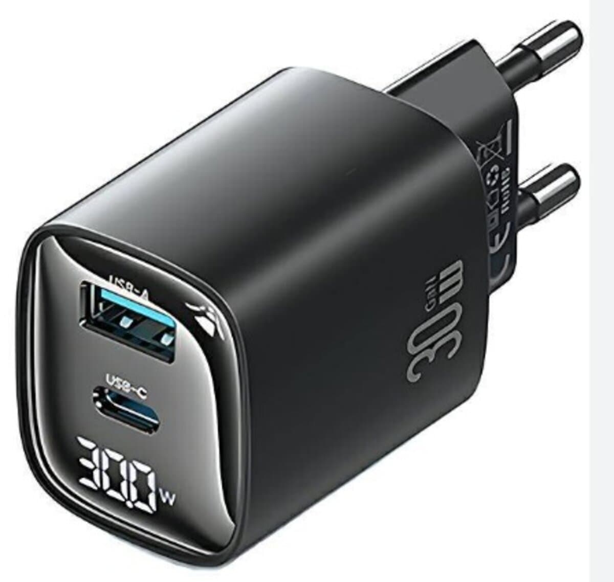 Зарядний пристрій Usams CC229 30W GaN 1xUSB 1xType-C Display Fast Charger Black (CC229TC01)