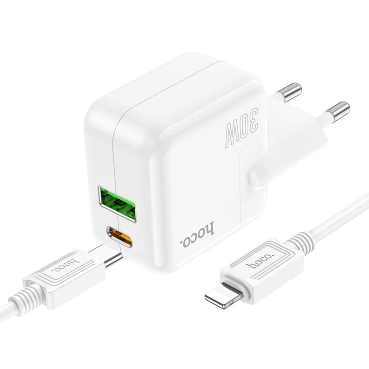 Зарядное устройство HOCO C111A Lucky dual-port PD30W+QC3.0 charger set Type-C to Lightning cable 3A White