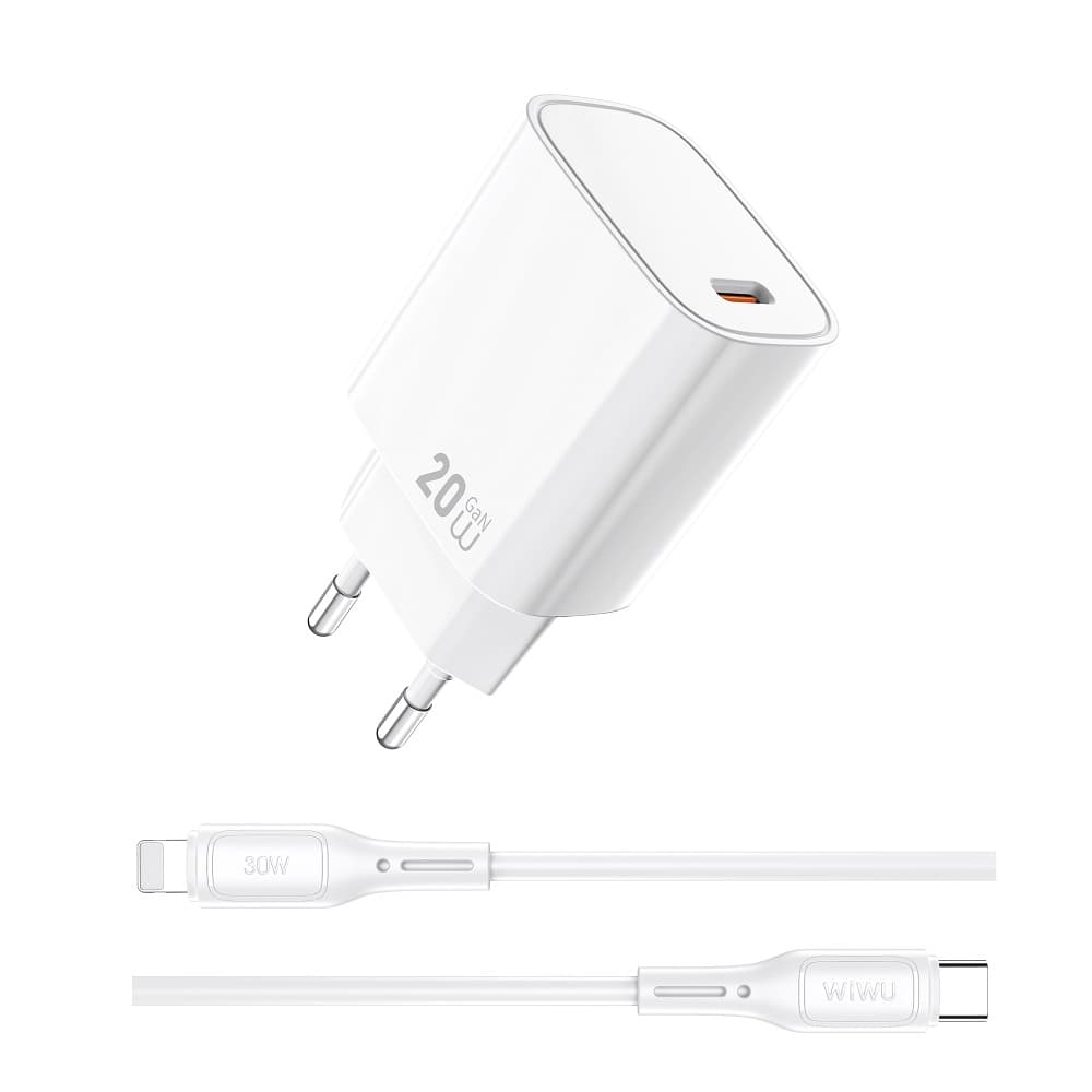 Зарядное устройство с кабелем WIWU 20W Essen GaN Fast Charger + Cable Combo 3A Wi-G007 Type-C-Lightning EU White
