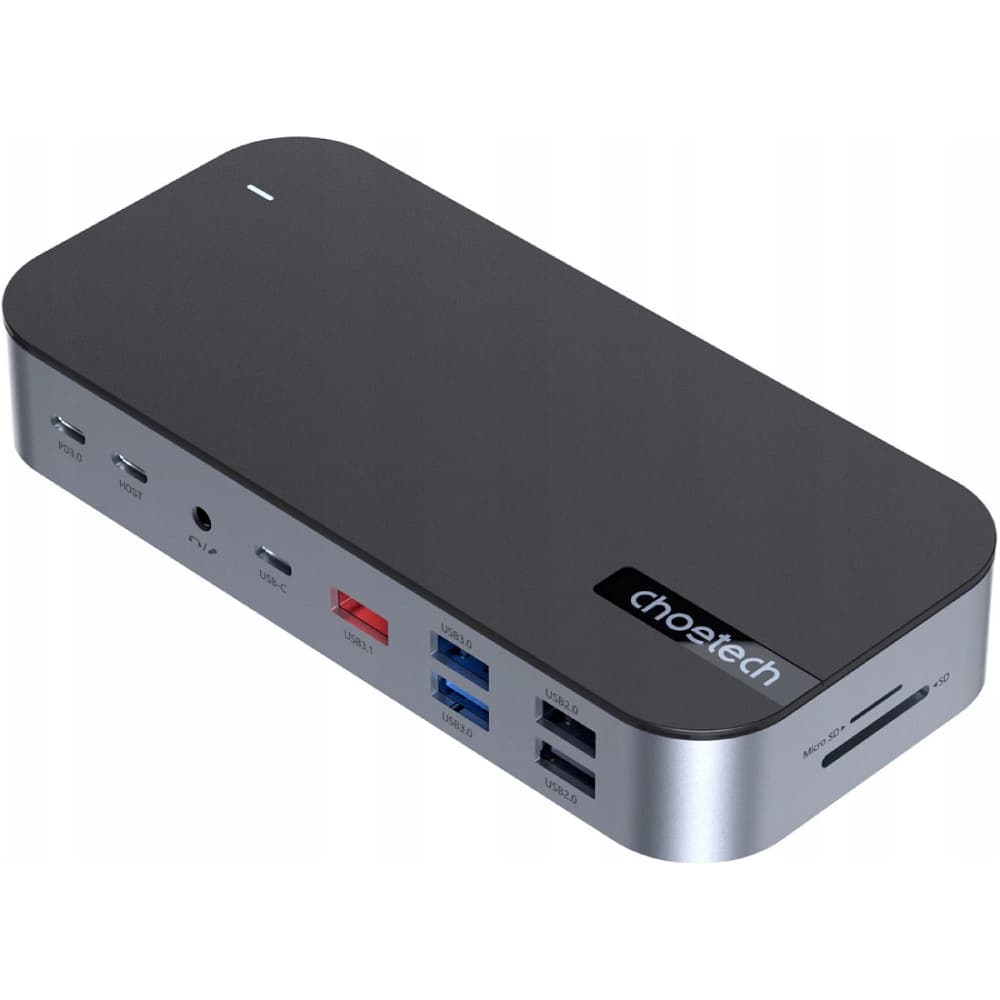 Док-станція USB-хаб Choetech USB 3.1 to VGA 2xType-C SD 2xHDMI DisplayPort 3.5m 3xUSB-A3.0 RJ45 2xUSB2.0 15in1 Grey (HUB-M52-GY)